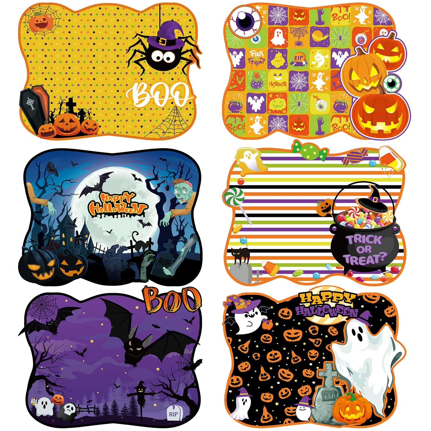 6 Pcs Halloween Placemats Plastic Pumpkin Spider Ghost Witch Happy Halloween Table Mats Boo Purple Blue Orange Spooky Waterproof Placemat for Kitchen Home Table Party Decoration, 11.81 x 15.75 Inch