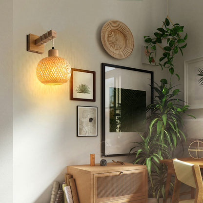 Frideko Bamboo Wall Sconce Lighting - Rattan Wall Lamps for Bedroom, Farmhouse Wall Light with Bamboo Lampshade, Rustic Boho Sconces Light Fixture for Living Room, 1 Pack