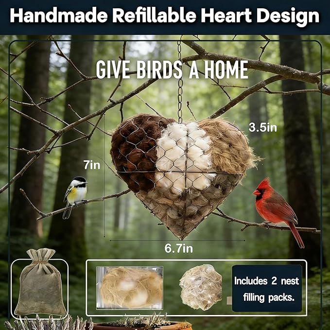 Handmade Alpaca Fiber Bird Nesting Heart – Refillable Bird Haven with 2 Nesting Material Refill Bags – Eco-Friendly Hanging Nest for Hummingbirds & Wild Birds, Garden & Yard Décor (1Sets)
