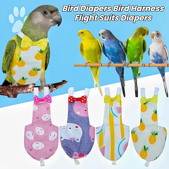 2Pcs Bird Diapers Bird Harness Flight Suits Diapers with 80 Inch Flying Leash Parrot Nappy Washable Cute Urine Wet Suit for Cockatiel Conure Macaw Budgies Parakeet-Pineapple&Watermelon,M