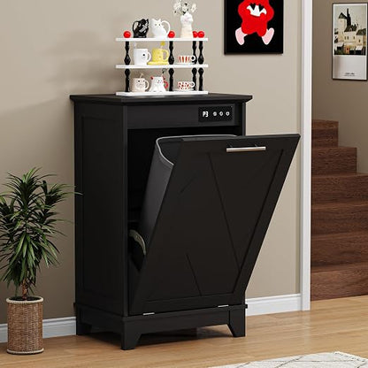 Single Tilt Out Trash Can Cabinet with Negative Ion Odor Control, Hidden 10-Gallon Recycling Cabinet, Dog Proof Garbage Can for Kitchen, Laundry, Dining Room, Black
