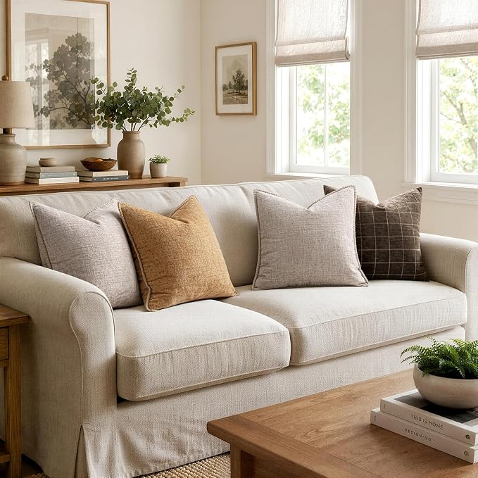 MIULEE Pack of 2 Couch Throw Pillow Covers 18x18 Inch Apricot Brown Farmhouse Decorative Pillow Covers with Stitched Edge Soft Chenille Solid Dyed Spring Pillow Covers for Sofa Bed Living Room