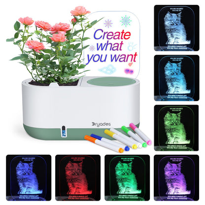 Self-Watering Planter with LED Note Board & 7 Colors Pen Acrylic Message Board with Light Acrylic Dry Erase Board, Led Cat Board Night Light with Planting Pot for Children's Day Gifts(No Plant&Seed)