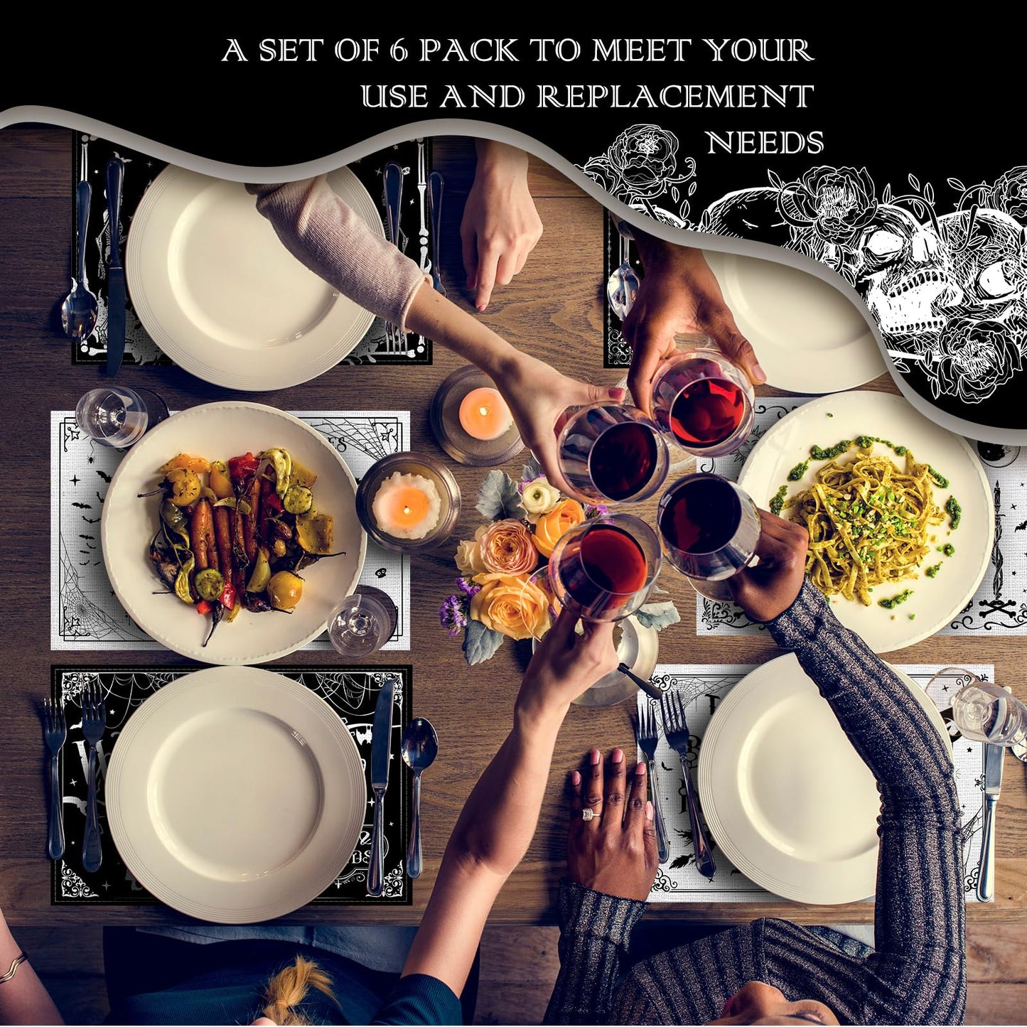 Umigy 6 Pcs Halloween Placemats 12"x18" Gothic Bat Placemats Kitchen Decoration Washable Witch Place Mats Rectangle Skull Table Mats for Halloween Dining Table Accessories(Black White Character Style)