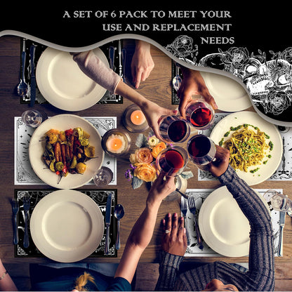 Umigy 6 Pcs Halloween Placemats 12"x18" Gothic Bat Placemats Kitchen Decoration Washable Witch Place Mats Rectangle Skull Table Mats for Halloween Dining Table Accessories(Black White Character Style)