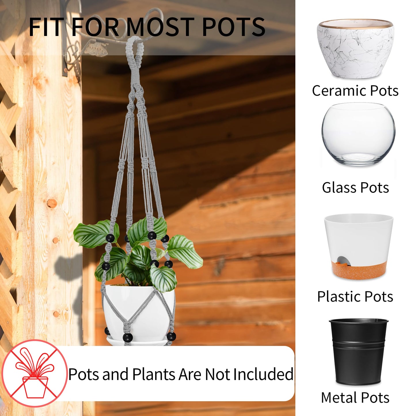 IDEEEPAN Macrame Plant Hanger - Fits 4 to 15 inches Pots for Indoor Outdoor, 43"/35"/29" Different Sizes Set, Gray (POTS NOT Included)