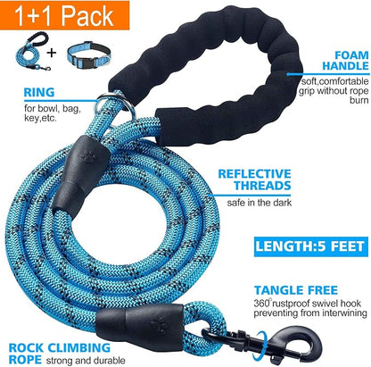 Ladoogo Reflective Dog Collar Padded with Soft Neoprene Breathable Adjustable Nylon Dog Collars for Small Medium Large Dogs (X-Small (Pack of 1), Vivid Blue Collar+Leash)