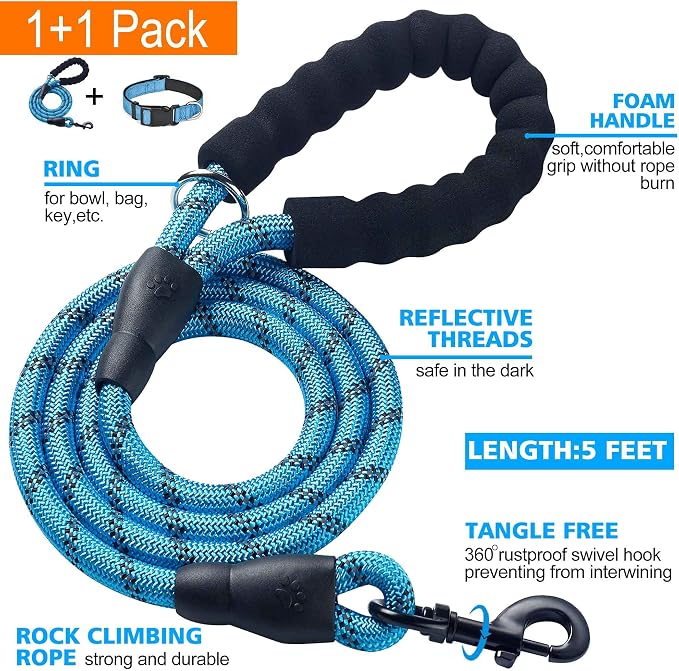 Ladoogo Reflective Dog Collar Padded with Soft Neoprene Breathable Adjustable Nylon Dog Collars for Small Medium Large Dogs (Large (Pack of 1), Vivid Blue Collar+Leash)