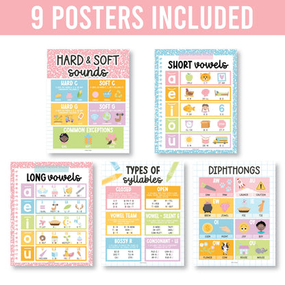 Hadley Designs Phonics Posters for Classroom Must Haves - 9 Sound Wall for Kindergarten & Elementary Teacher Supplies, Syllable, Vowels, Digraphs & Blends Bulletin Board Set, Pastel Classrom Decor