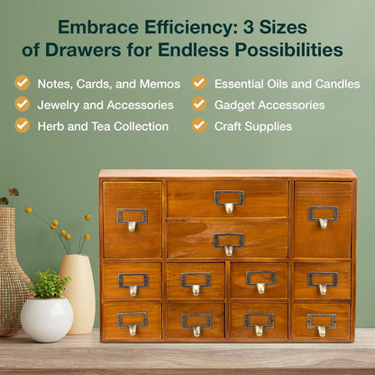 12-Drawer Apothecary Cabinet - Index Card Organizer - Vintage Chest of Drawers - Mahogany Wooden Organizer - Office Desktop Drawer Organizer for Herb Storage, Apothecary Diaries, Tea Collection