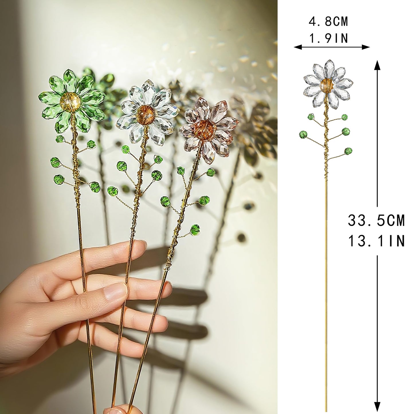 H&D HYALINE & DORA 3 Pcs Crystal Sunflower Suncatchers with 13'' Gold Trellis Metal Plant Stake for Indoor Outdoor Garden Potted Plants Decorations Plant Lover Gift(Clear, Green, Pink)