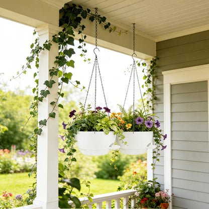 CNLBO 2 Pack Hanging Planters for Indoor Outdoor Plants, 12Inch Self Watering Hanging Pot with Drainage Holes and Saucer, Plastic Plant Pots, White Flower Pots for Kitchen, Balcony, Garden