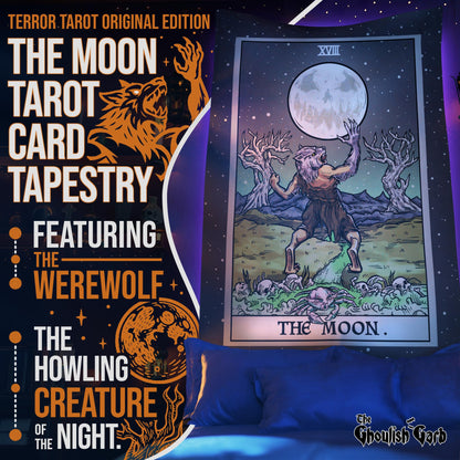 The Moon Tarot Card Tapestry - Werewolf - Gothic Halloween Home Decor Wall Hanging (60" x 50")