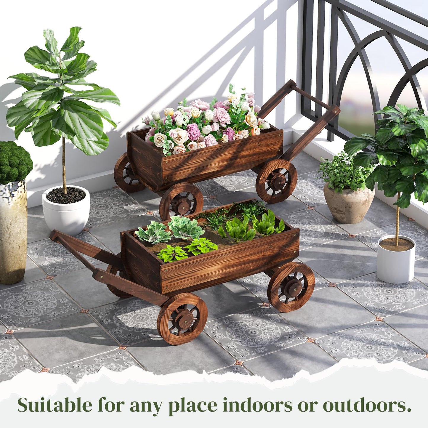 PULIJIAJU Wooden Wagon Garden Planter Cart with Wheels Rustic Flower Pot – Indoor Outdoor Patio Backyard Balcony Decor for Succulents, Flowers and Plants（Carbonized-L