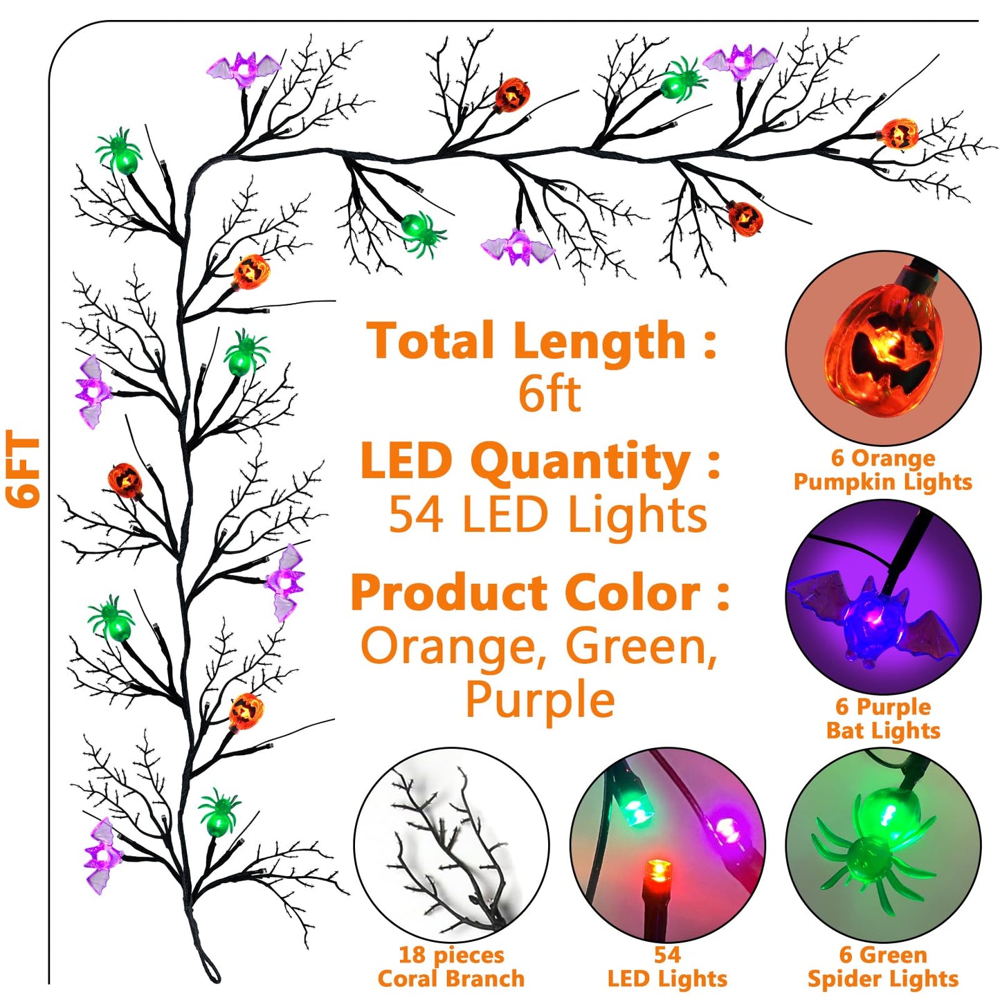 SURCVIO [ 8 Modes & Timer ] 6 Ft 54 LED Halloween Willow Vine Twig Decor Garland with 6 Bats & Pumpkins & Spiders Lights Waterproof Battery Operated Halloween Decorations Home Wall Fireplace Decor