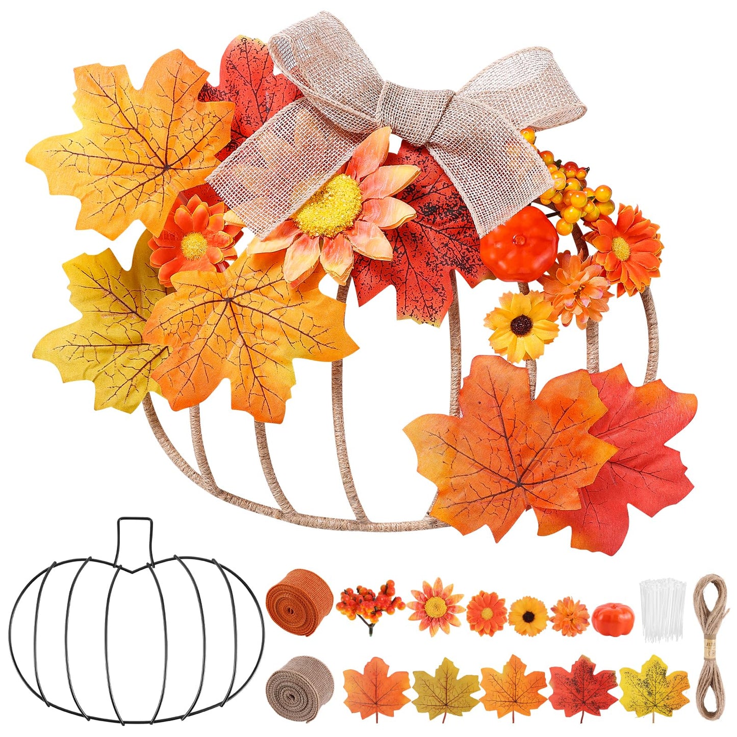 Fall Pumpkin Metal Wreath Frame, Pumpkin Shaped Wire Wreath Frame with Maple Leaves Fake Flowers Mini Pumpkin Berries, DIY 3D Pumpkin Frame for Indoor Outdoor Garden Home Kitchen Craft Decor