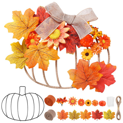 Fall Pumpkin Metal Wreath Frame, Pumpkin Shaped Wire Wreath Frame with Maple Leaves Fake Flowers Mini Pumpkin Berries, DIY 3D Pumpkin Frame for Indoor Outdoor Garden Home Kitchen Craft Decor