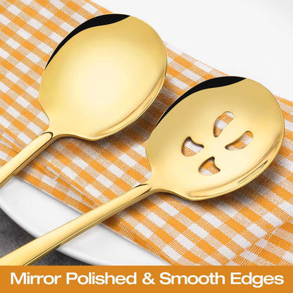 Extra Large Serving Spoons Set of 4-Piece, 11.7-Inch Gold Serving Slotted Spoon x 2 Serving Spoon x 2, Stainless Steel Serving Utensil for Buffet, Parties, Catering - Dishwasher Safe(4-Pack, Gold)