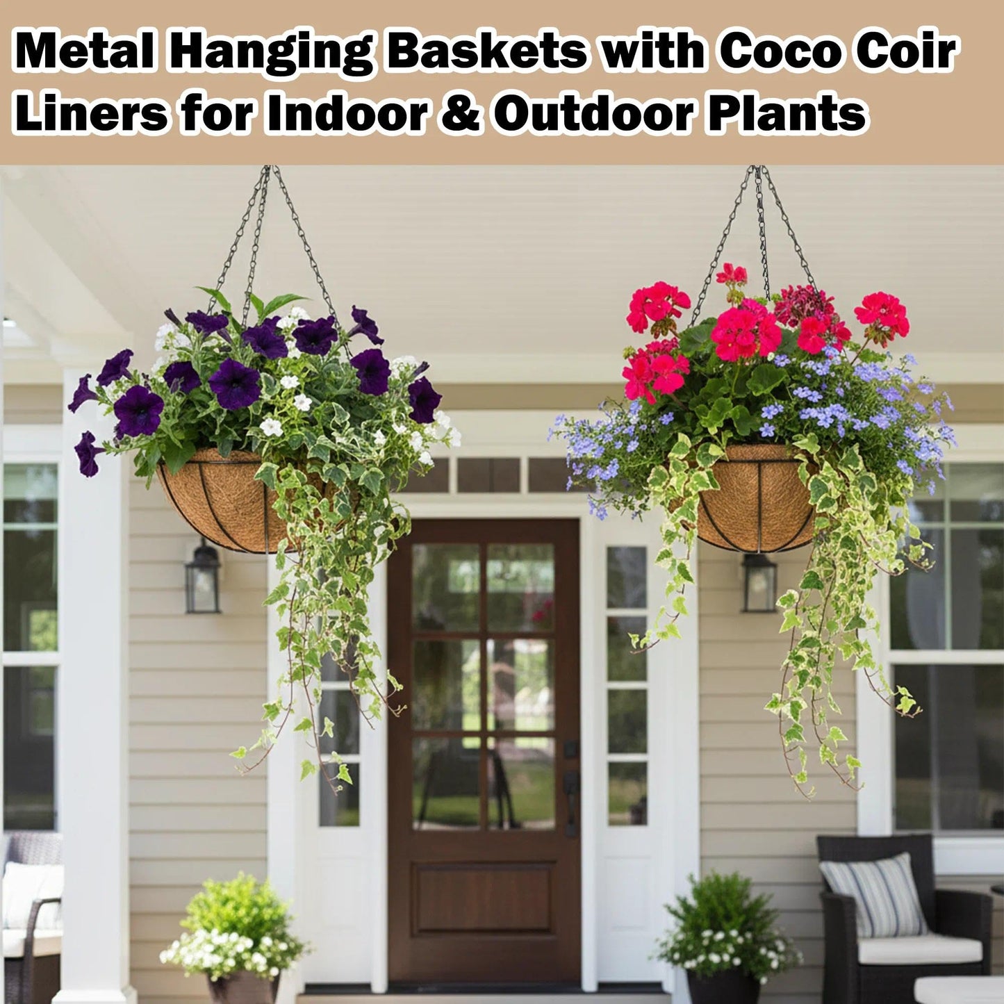 KIDYBELL 2 Pack 12 inch Hanging Baskets Planter for Plants Vegetables Flowers Outdoor Black Round Wire Plant Holder with Coco Fiber Liners Garden Balcony Patio Deck Porch Indoor Hanging Baskets