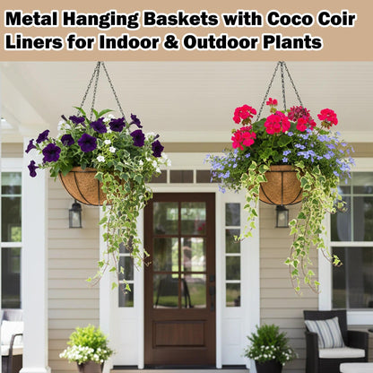 KIDYBELL 2 Pack 12 inch Hanging Baskets Planter for Plants Vegetables Flowers Outdoor Black Round Wire Plant Holder with Coco Fiber Liners Garden Balcony Patio Deck Porch Indoor Hanging Baskets
