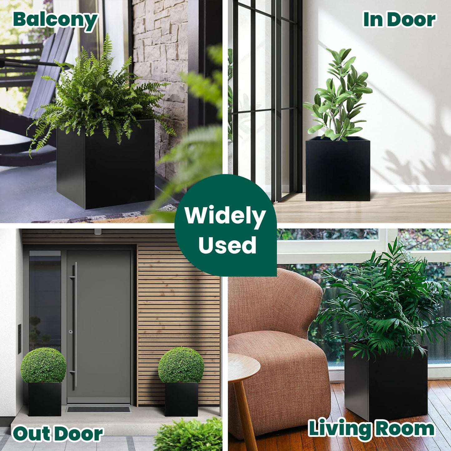 GZGNEEVL Galvanized Steel Planter Box Black Metal Planter 16Inch Square Indoor Outdoor Planters Cube Steel Heavy Duty Powder Coating Modern Commercial Residential for Patio, Yard, Garden