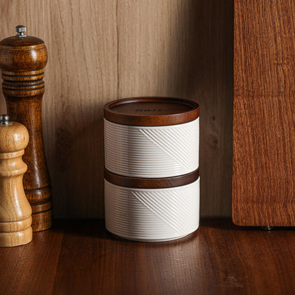 Adewnest Salt and Pepper Bowls: 10 oz Ceramic Stackable Spice Cellar with Wooden Lid - Stacked Seasoning Storage Containers for Countertop Stovetop - Striped, White