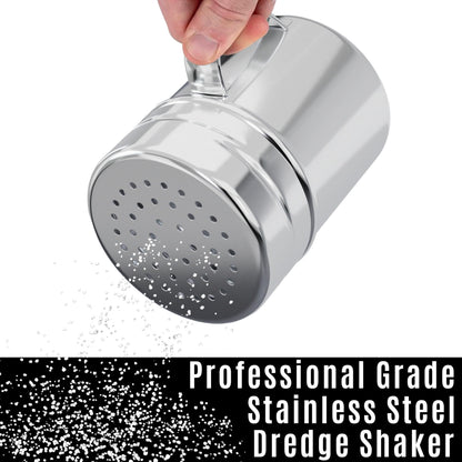 CUSINIUM 10oz Stainless Steel Salt Pepper Dredge Shakers - With Plastic Cap - With Handle - Pack of 4