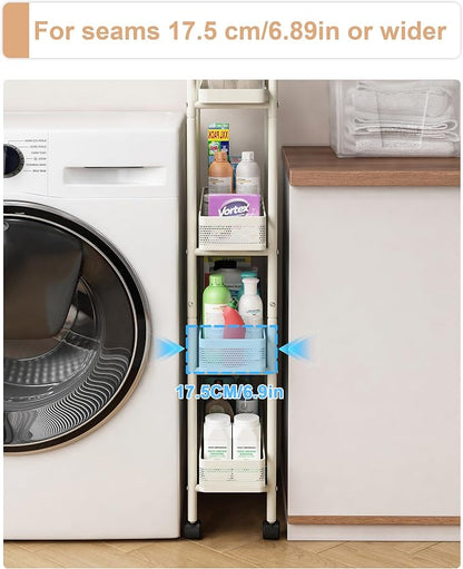 UMDONX Slim Storage Cart 4 Tier with Pull Out Basket Bathroom Organizer Rolling cart, Rolling Utility Cart Slide Out Organizer for Kitchen, Bathroom, Laundry White