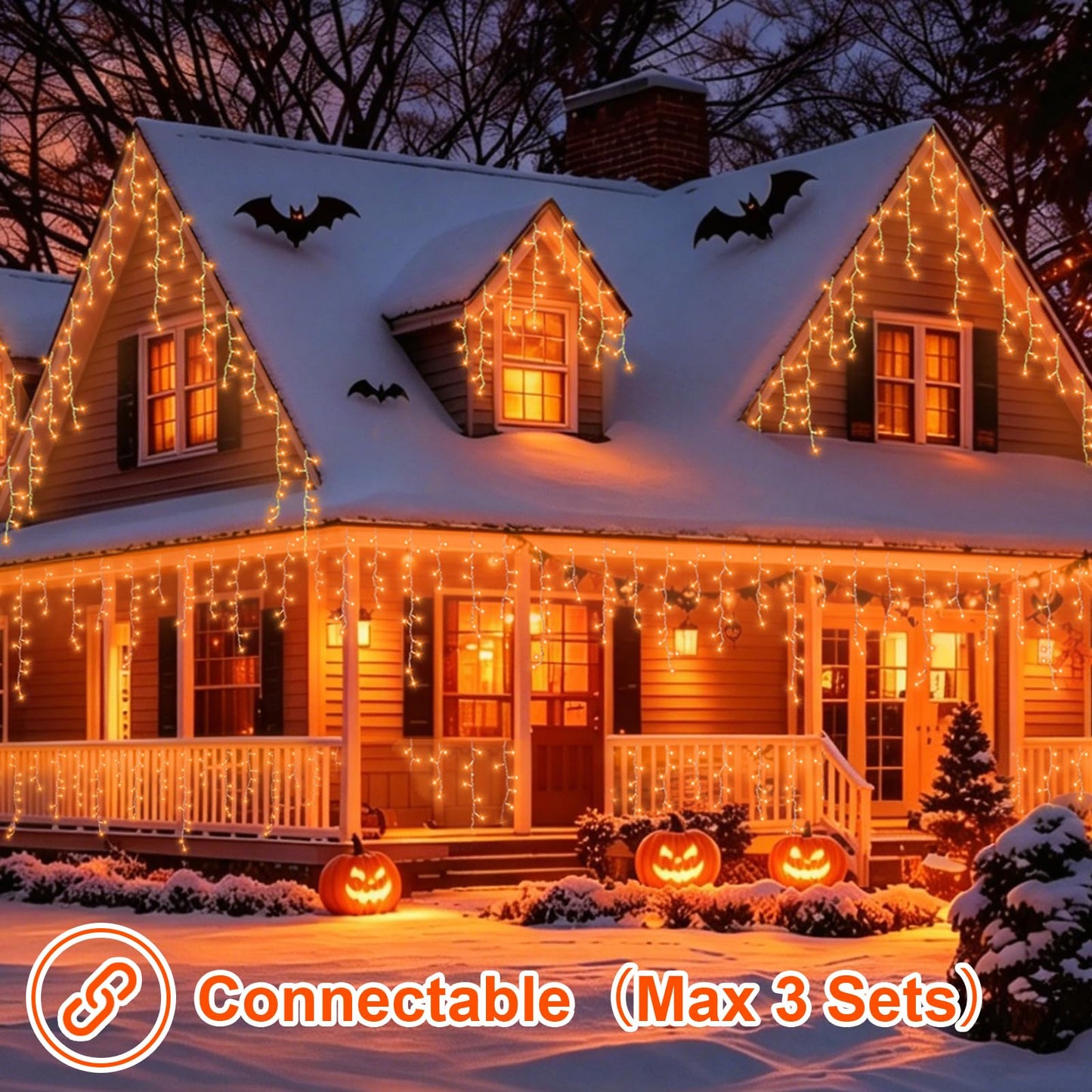 YEGUO 33ft 400 LED Orange Thanksgiving Lights, Connetable Icicle Light Outdoor Waterproof, 8 Modes Christmas Lights Indoor Plug in for Thanksgiving House Patio Fall