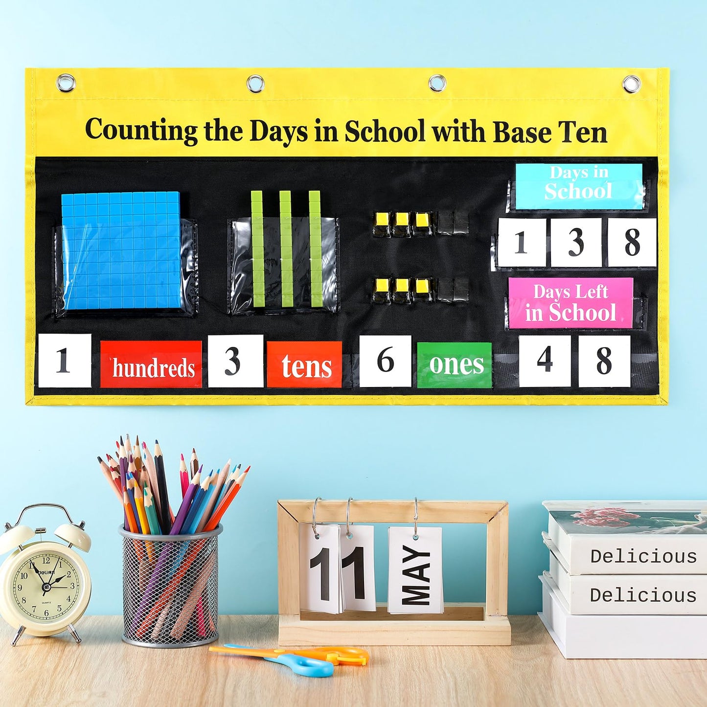 Humyoun Back to School Counting The Days Pocket Chart with Base Ten Pocket Place Value Caddie Chart for Classroom Bulletin Board Math Home Decor