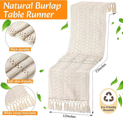 4 Sets Boho Decoration Placemats Round Woven Placemats, Cloth Napkins, Wood Bead Napkin Rings, Long Table Runner and Farmhouse Burlap Cotton for Table Kitchen (White,12x72)