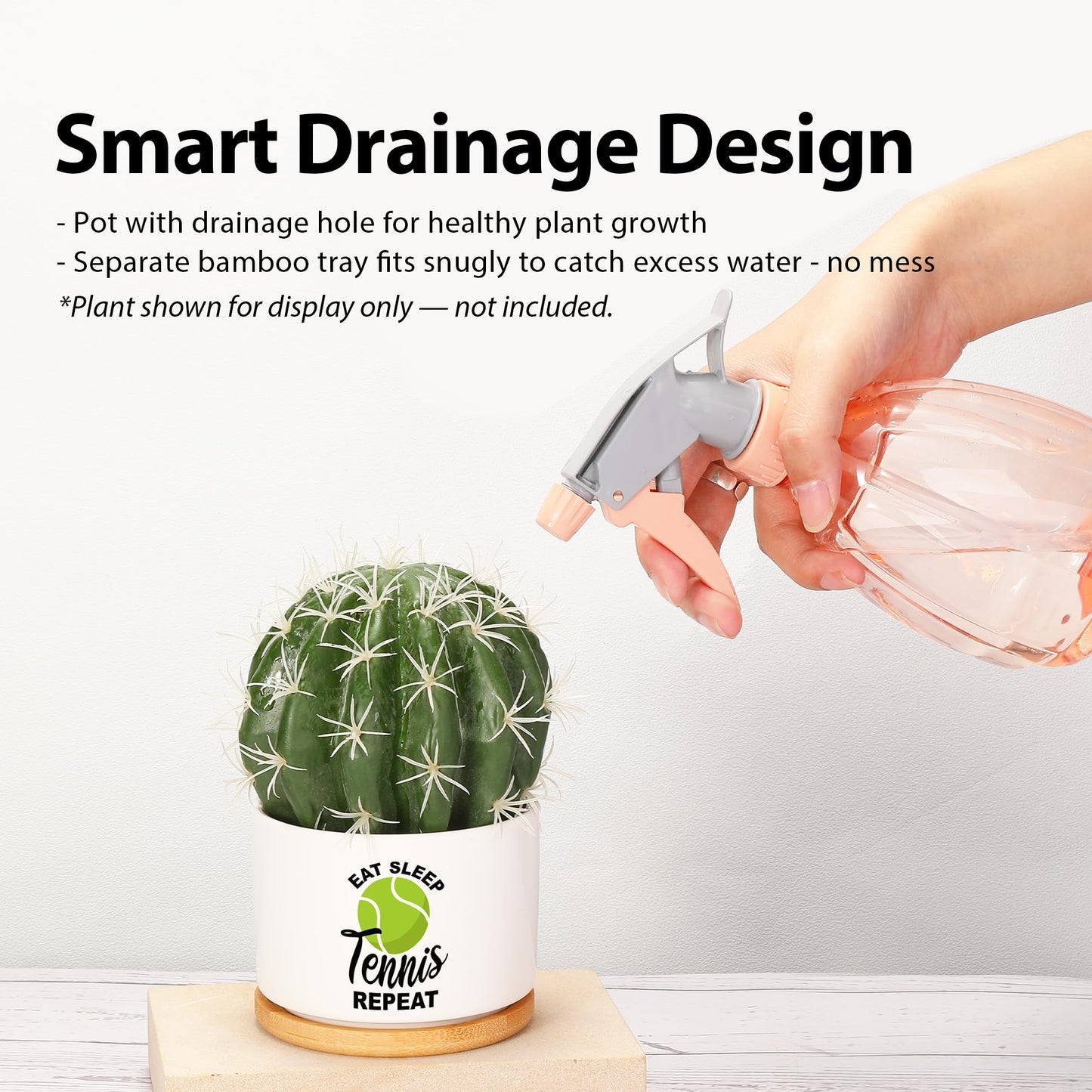 Loovelo Eat Sleep Tennis Repeat Tennis Gifts for Sports Lover Coach Player Ceramic Succulent Plant Pot with Bamboo Tray Home Office Decor 3.5 Inch White (No Plants)