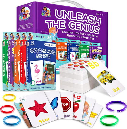 Teacher Rachel's Educational Flash Cards for Toddlers - Set Of 5 184 Cards Pre K-K Mega Flashcards Set with First Words, Alphabet, Colors, Shapes, Numbers, Manners, Greetings, Feelings, and Weather