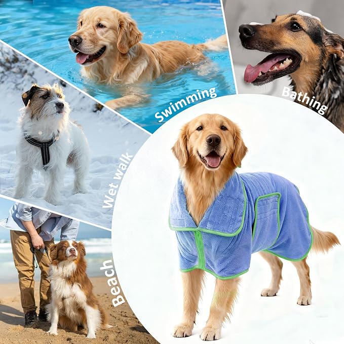 Soft Dog Bathrobe Fast Drying Dog Coat, Super Absorbent Dog Towels for After Bath, Microfiber Pet Robe Adjustable Collar & Belly Warm Keeping Dogs Coat for Pet Dogs & Cats (Blue, Large)