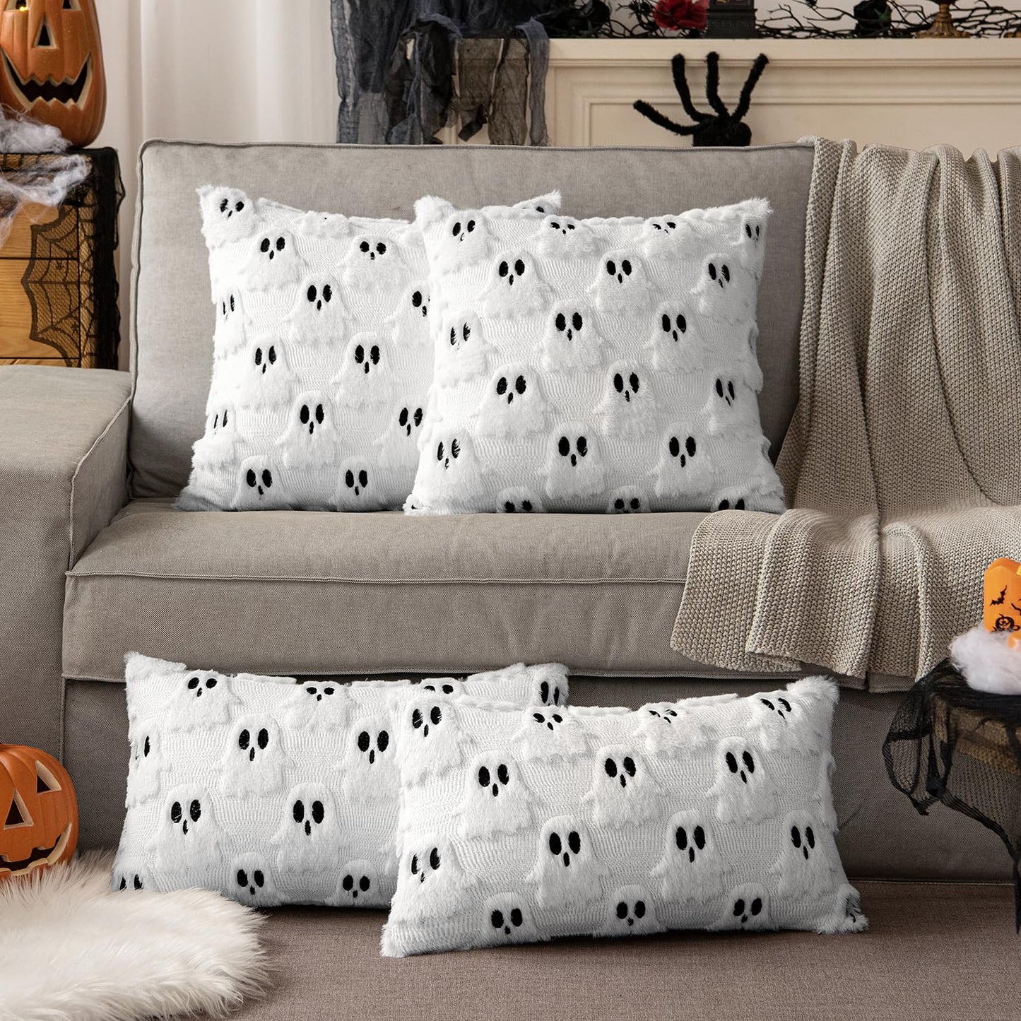 MIULEE Halloween Pillow Covers Set of 2 White Ghost Decorative Soft Throw Pillows Plush Faux Fur Wool Couch Cushion Case for Fall Decor Chair Sofa Bedroom Living Room 18x18 inch