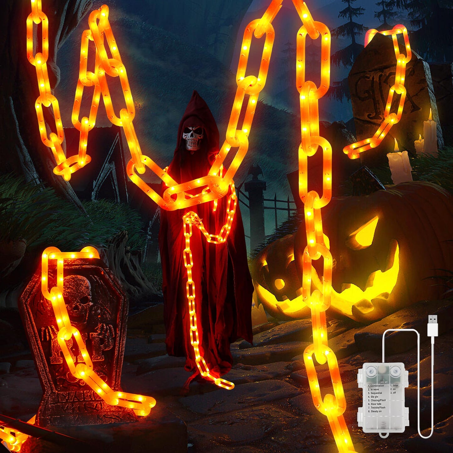 BEEWIN Halloween Decorations Chain Lights,10.4 Ft 175 LED Plastic Chain String Lights Battery Operated and USB,8 Lighting Modes Orange Light with Timer for Halloween Skeleton Dog Party Spooky Outdoor