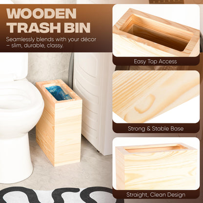pamoak 2.3 Gallons Rectangular Wooden Trash Can | Trash Can with Bin Liners | Decorative Waste Basket | Recycling Bin for Bathroom | Natural Wood Finish Basket for Kitchen | Paper Basket for Office