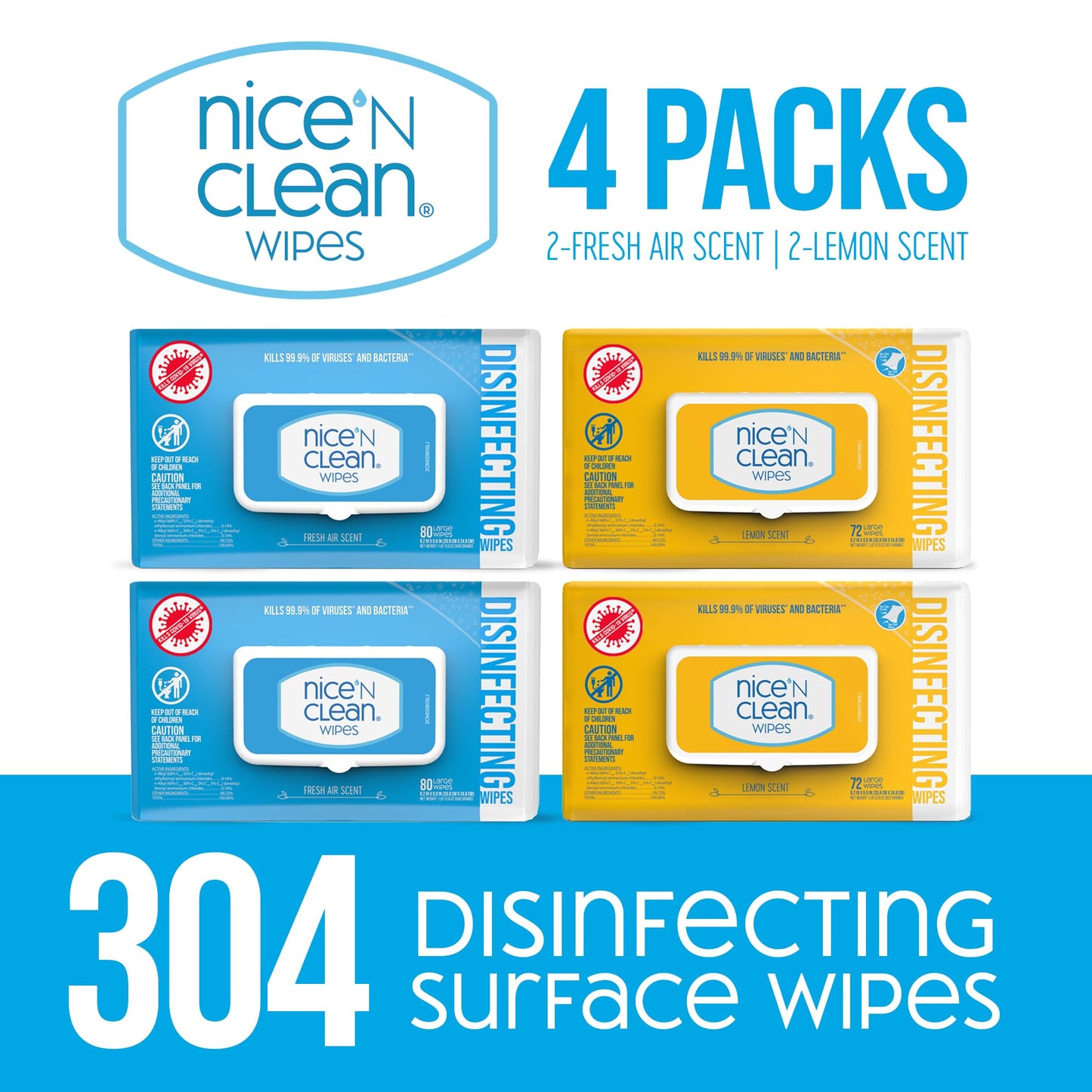 Nice 'N Clean Disinfecting Surface Wipes 304ct | Cleans & Disinfects Home & Kitchen Surfaces | Fresh & Lemon Scent