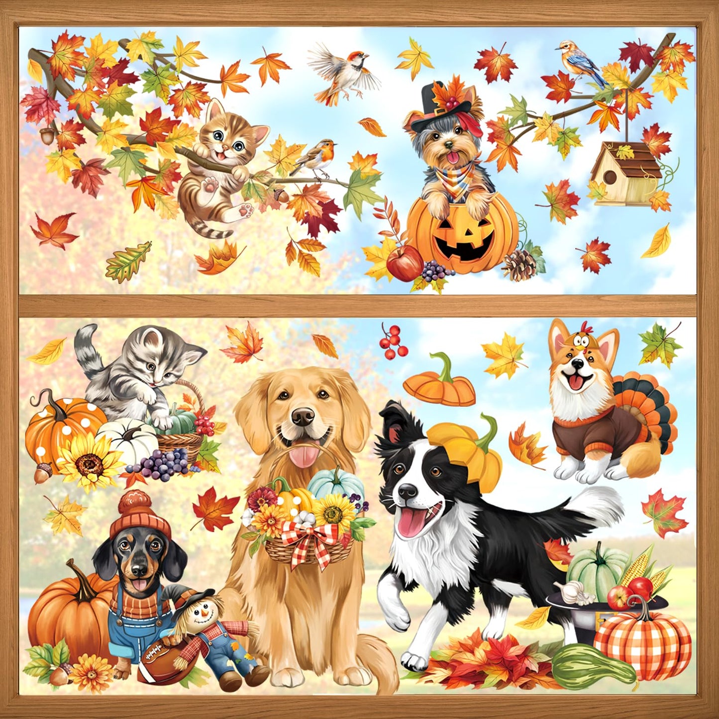 decalmile Fall Pumpkin Maple Leaves Double Sided Window Clings Autumn Harvest Dog Cat Scarecrow Birds on Tree Branch Anti-Collision Glass Doors Window Stickers Decals