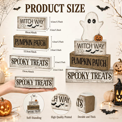 4 Pcs Halloween Table Decorations Wooden Ghost Tiered Tray Decor Farmhouse Rustic Block Signs Cute Pumpkin Tabletop Centerpiece for Home Office Mantel Kitchen Shelf