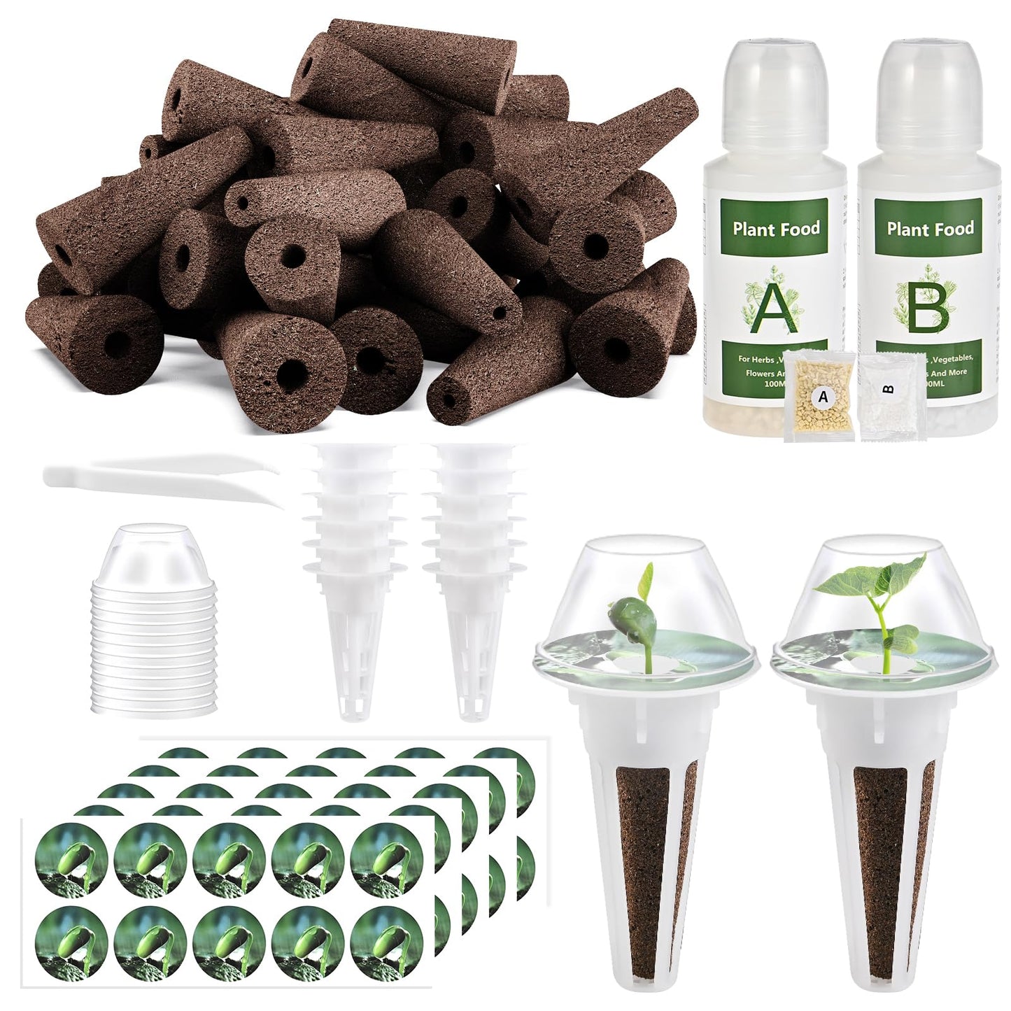 Tigvio 126 Piece Hydroponic Pods Kit: Grow Anything with 30 Grow Sponges, 30 Baskets, 30 Domes, 30 Labels, 4 A&B Plant Food, 1 Tweezer - Compatible with All Hydroponics Brands