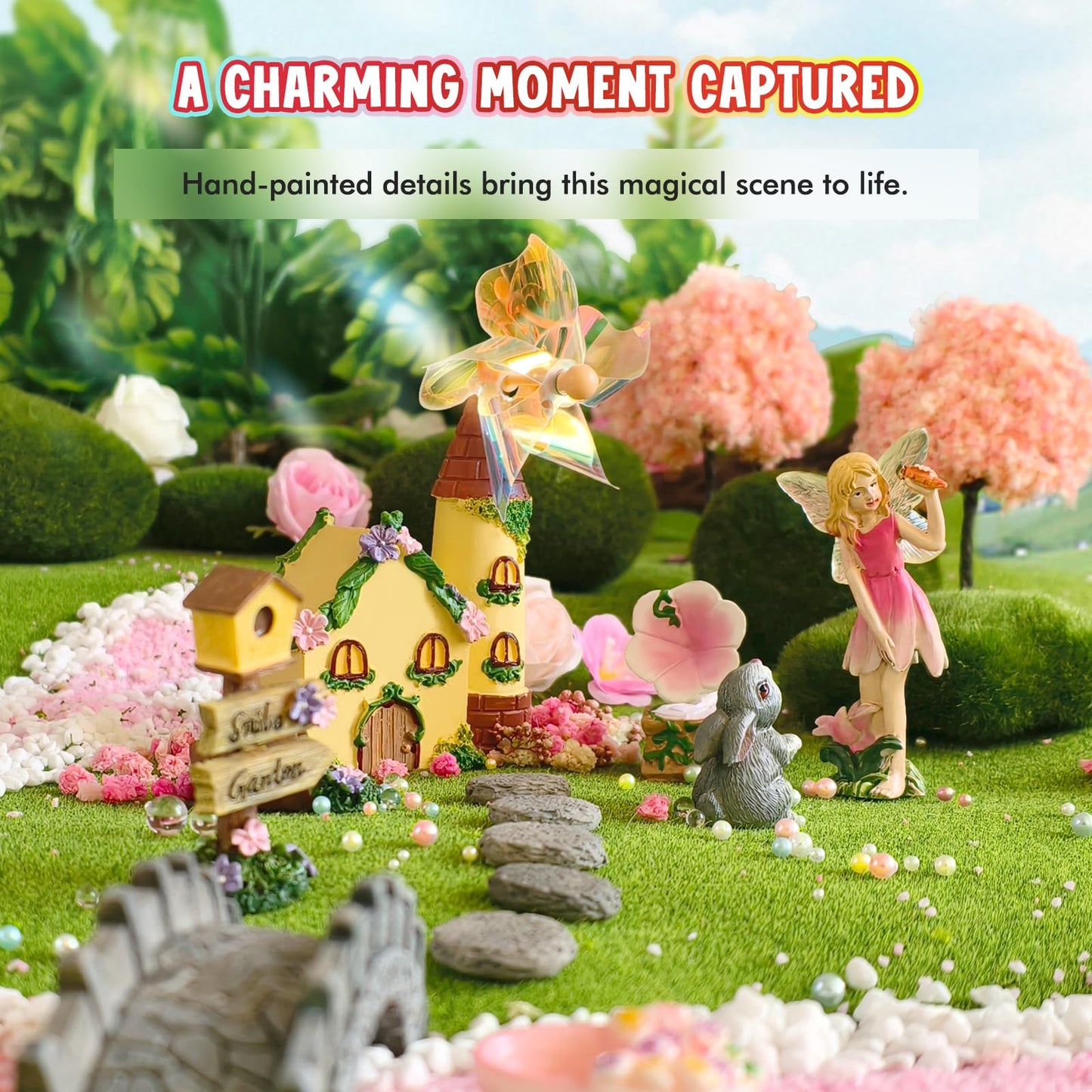 DONABELA Fairy Garden Kit Pink Mini Windmill House Decor Set Rabbit Flower Pot Supplies Signpost CD Player Resin Figurines Accessories Gift Indoor Outdoor Yard