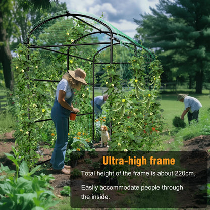 unho 87inch Metal Garden Trellis Arch for Climbing Plants - Polyethylene-Coated Anti-Rust, Heavy Duty, Wide Walk-Through Outdoor Arch with Net, for Cucumber Tomato Squash Zucchini Peas Grape Flowers