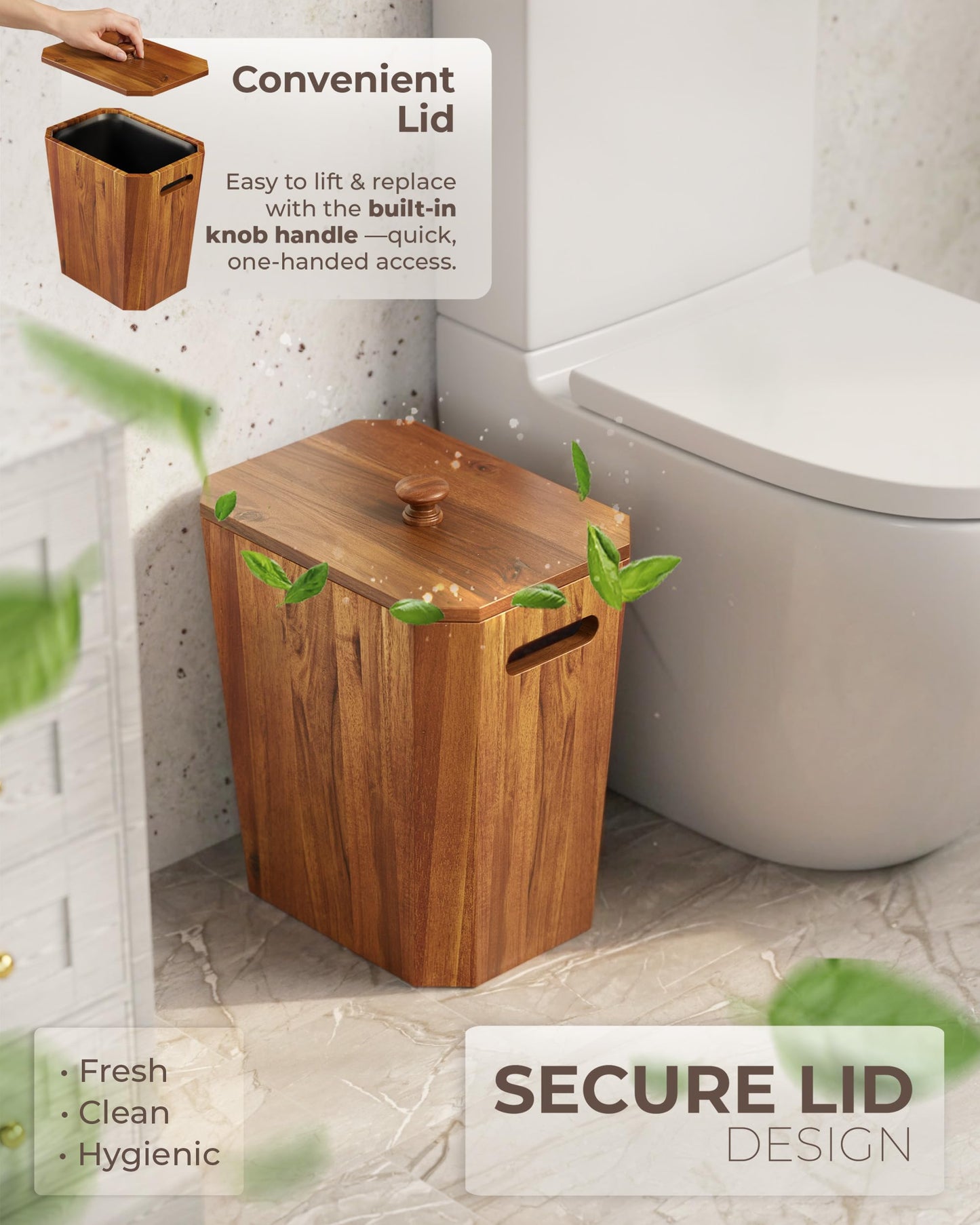 BLUEWEST 2.6 Gallons Acacia Wooden Wastebasket with Lid & PP Liner – Small Trash Can for Bathroom, Bedroom, Office – Decorative Wood Bin with Handle for Under Counter Use