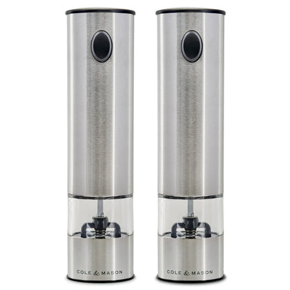 Cole & Mason H3004480 Battersea Salt and Pepper Mills | Electronic | Stainless Steel/Acrylic | 210mm | Gift Set | Includes 2 x Electric Salt and Pepper Grinders | Lifetime Mechanism Guarantee