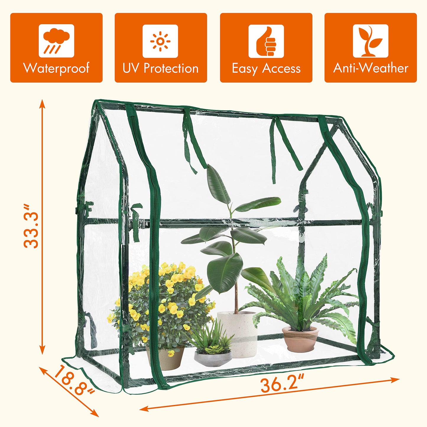 Gardzen Mini Greenhouse Heavy Duty Portable Green House, Zipper Clear Tent Indoor or Outdoor for Plants 36.2”(L) x18.9”(W) x33.3”(H)