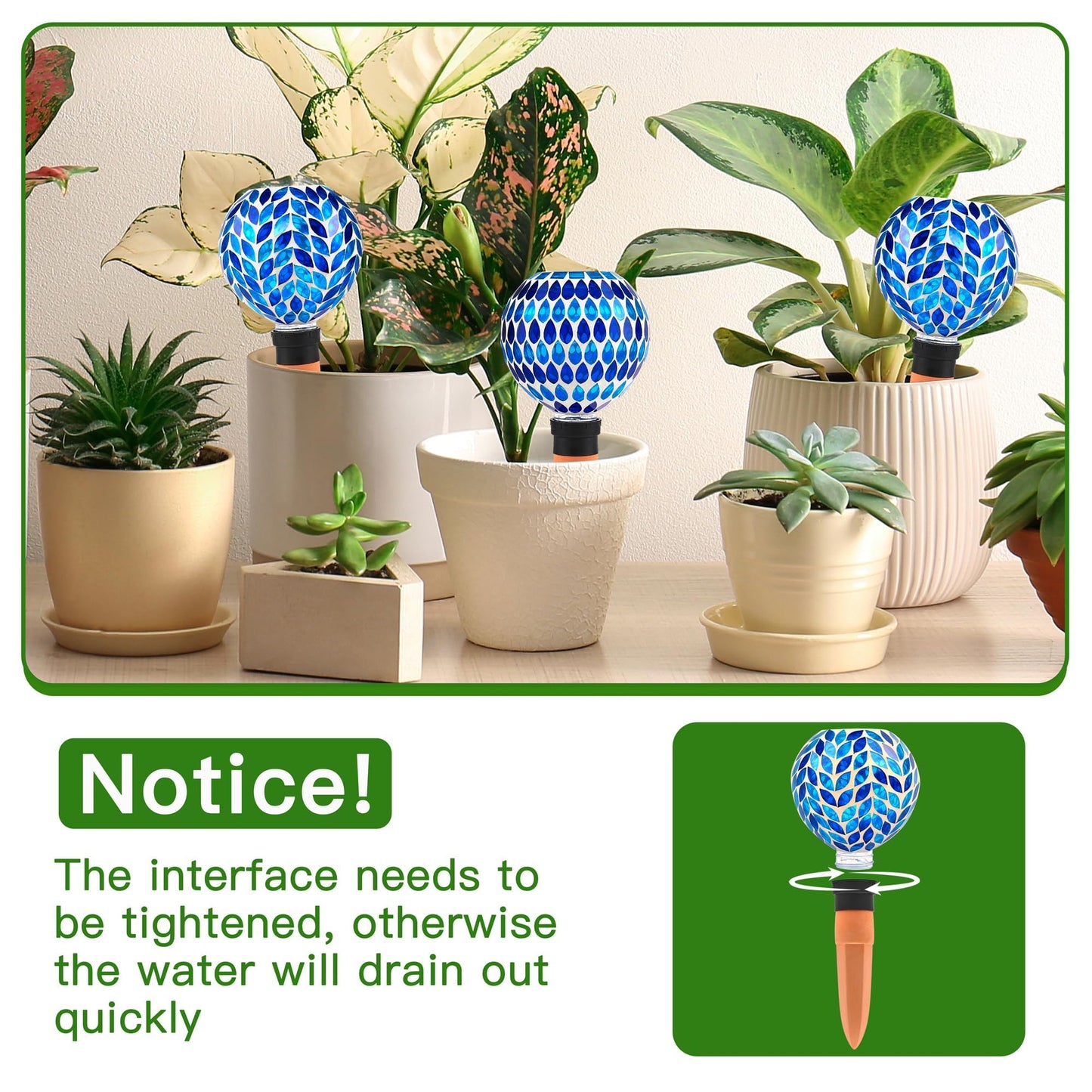 VOREEN Blue Mosaic Self Watering Globes 2 Pack, 500ml Handmade Glass Terracotta Plant Spikes, Automatic Self Watering Devices for Indoor Outdoor Pots, Decorative Water Saver Gift for Garden Lovers