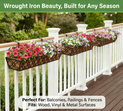 Y&M 36 Inch Window Deck Planter with Coco Liner, Metal Hanging Flower Boxes for Fence, Railing, Balcony, and Outdoor Garden Lawn – 2pcs