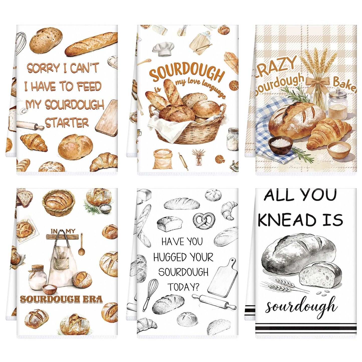 InIsaJace Funny Sourdough Kitchen Towels, Decorative Bread Dish Towels Gifts Set of 6 Absorbent, Reusable Hand Towels Gifts for Baking Lover Housewarming Home Decor