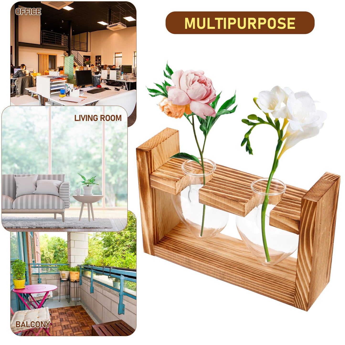 Unomor Wooden Stand Glass Terrarium Plant Holder Heart Shaped Vase Hydroponic Indoor Garden Decor with 2 Glass Containers for Home Office